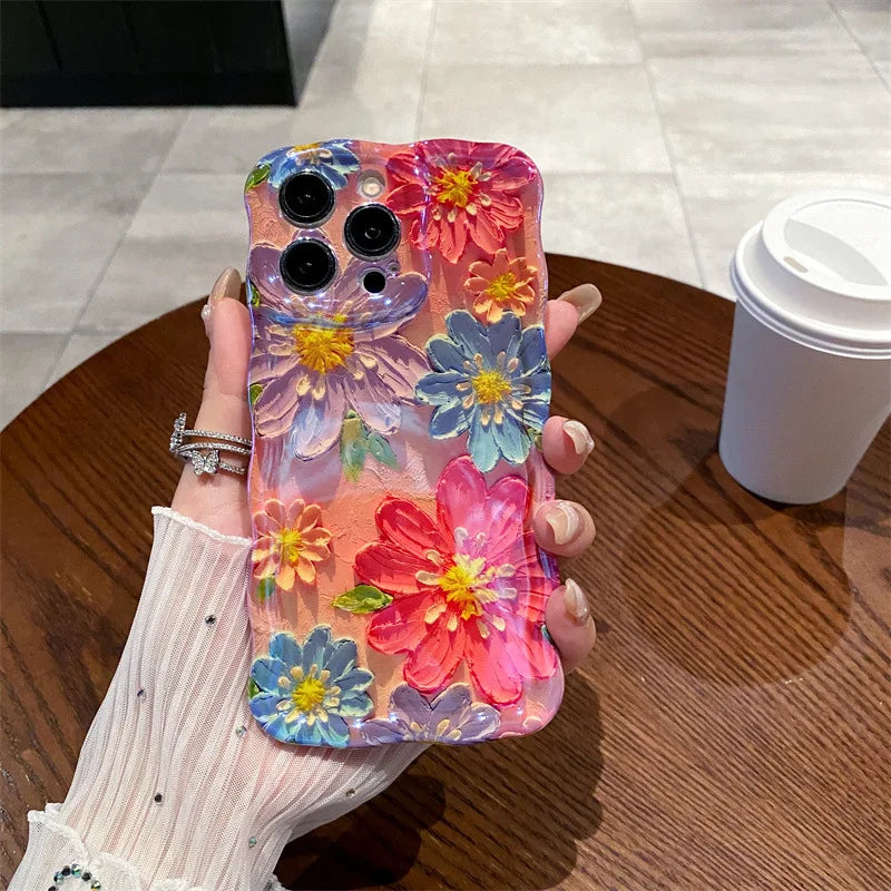 Retro Blue Light Oil Painting Flowers Wavy Silicone Phone Case For iPhone