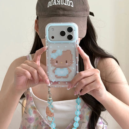 Ins Cute Pixel Hello Kitty Polka Dot Phone Case With Blue Bead Wrist Strap Pendant Shockproof Cover For iPhone