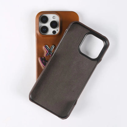 Retro Embroidery Genuine Leather Phone Case For iPhone