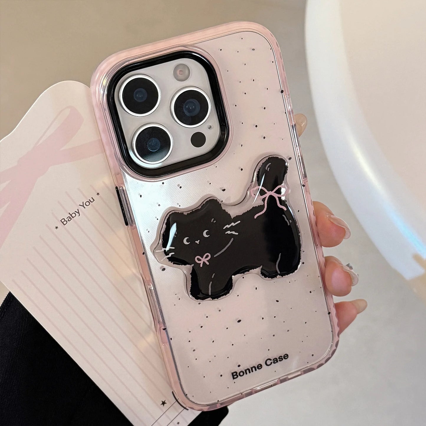Korean Splash-ink 3D Cute Cartoon Black Cat Phone Case For iPhone
