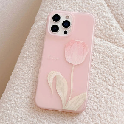Korean Pink Tulip Flowers Pattern Phone Case For iPhone