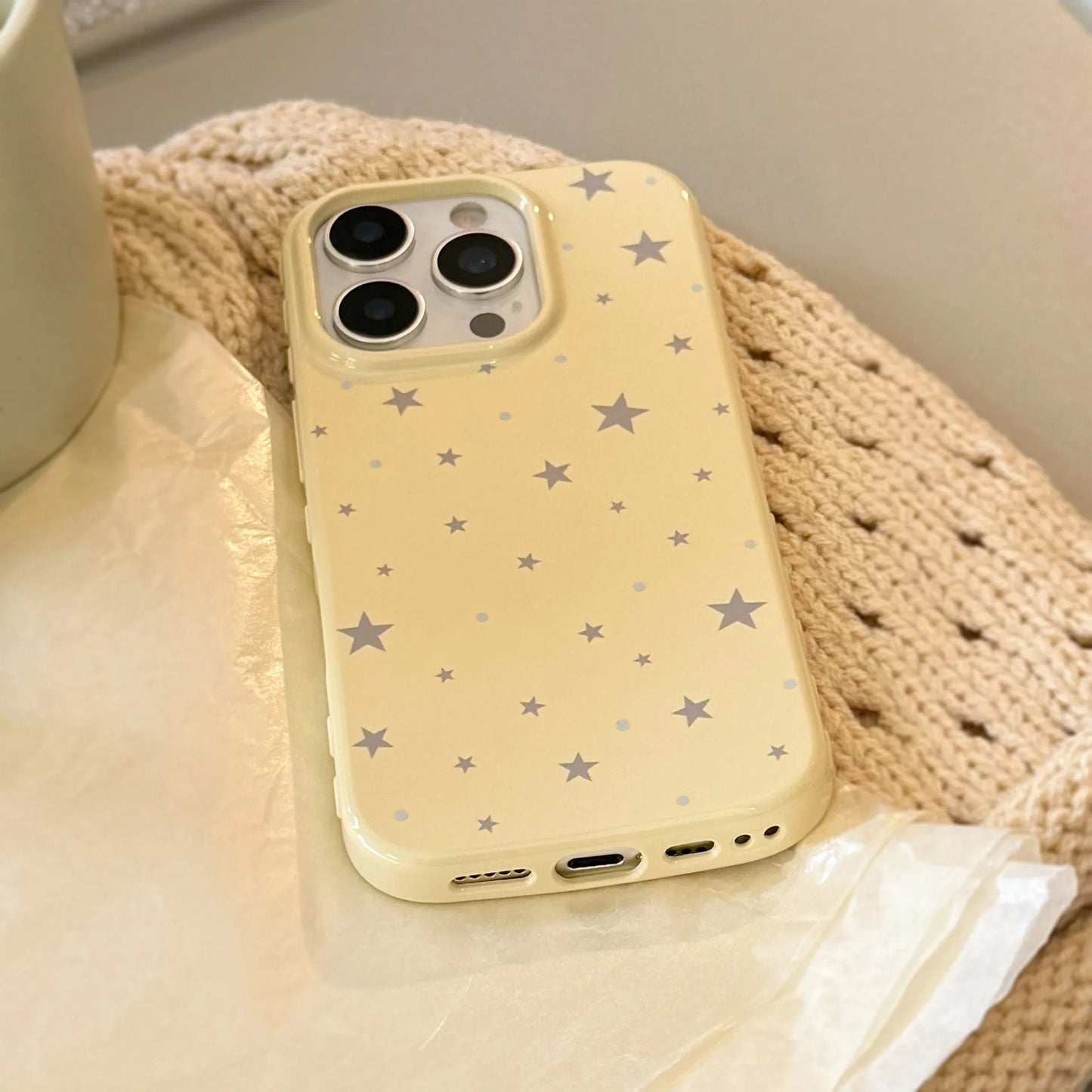 Korean Style Yellow Full Screen Grey Stars Soft Phone Case For iPhone