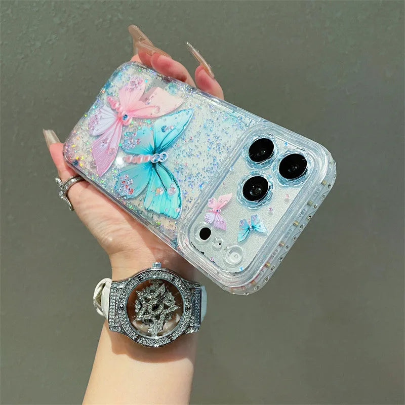 Luxury Sequins Pink Blue Diamond Butterfly Glitter Phone Case For iPhone