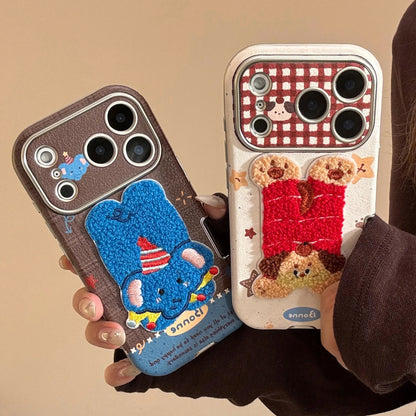 Korean Cartoon Embroidery Plush Animals Leather Texture Phone Case For iPhone