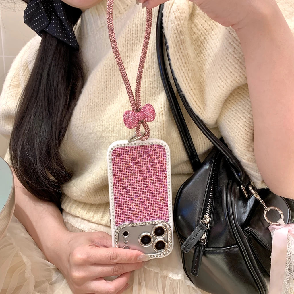 Blingbling Shining Glitter Rhinestone With Bow Lanyard Camera Lens Proteciton Phone Cover Case For iPhone