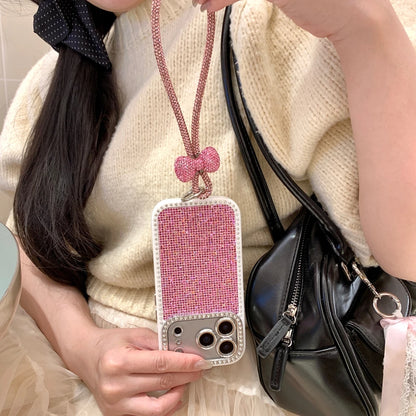 Blingbling Shining Glitter Rhinestone With Bow Lanyard Camera Lens Proteciton Phone Cover Case For iPhone