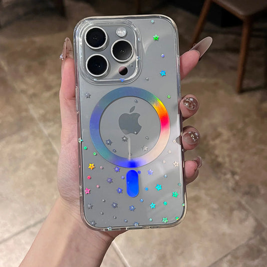 Dazzling Laser Star Pattern Magnetic Wireless Charging Clear Phone Case For iPhone