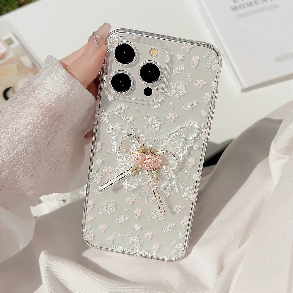 Korean 3D Butterfly Flower Lace Pendant Phone Case For iPhone