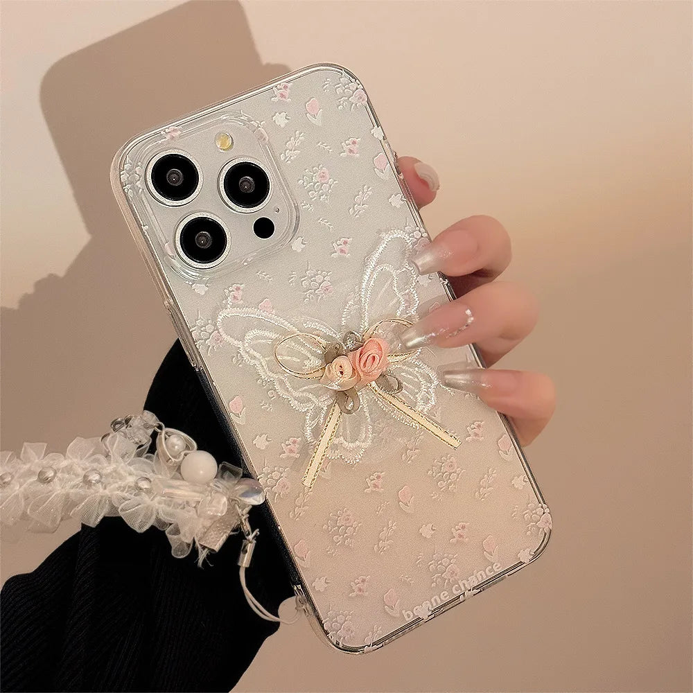 Korean 3D Butterfly Flower Lace Pendant Phone Case For iPhone