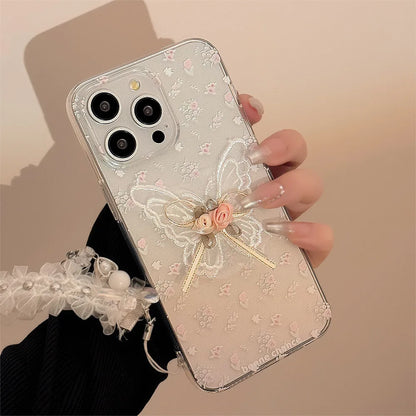 Korean 3D Butterfly Flower Lace Pendant Phone Case For iPhone