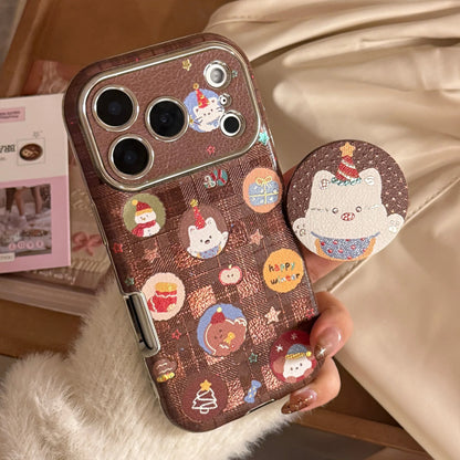 Korean Christmas Cartoon Puppy Bracket Leather Texture Phone Case For iPhone