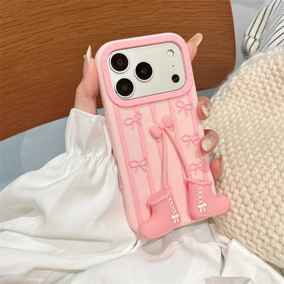 3D Cartoon Pink Boots Bowknot Pendant Striped Phone Case For  iPhone