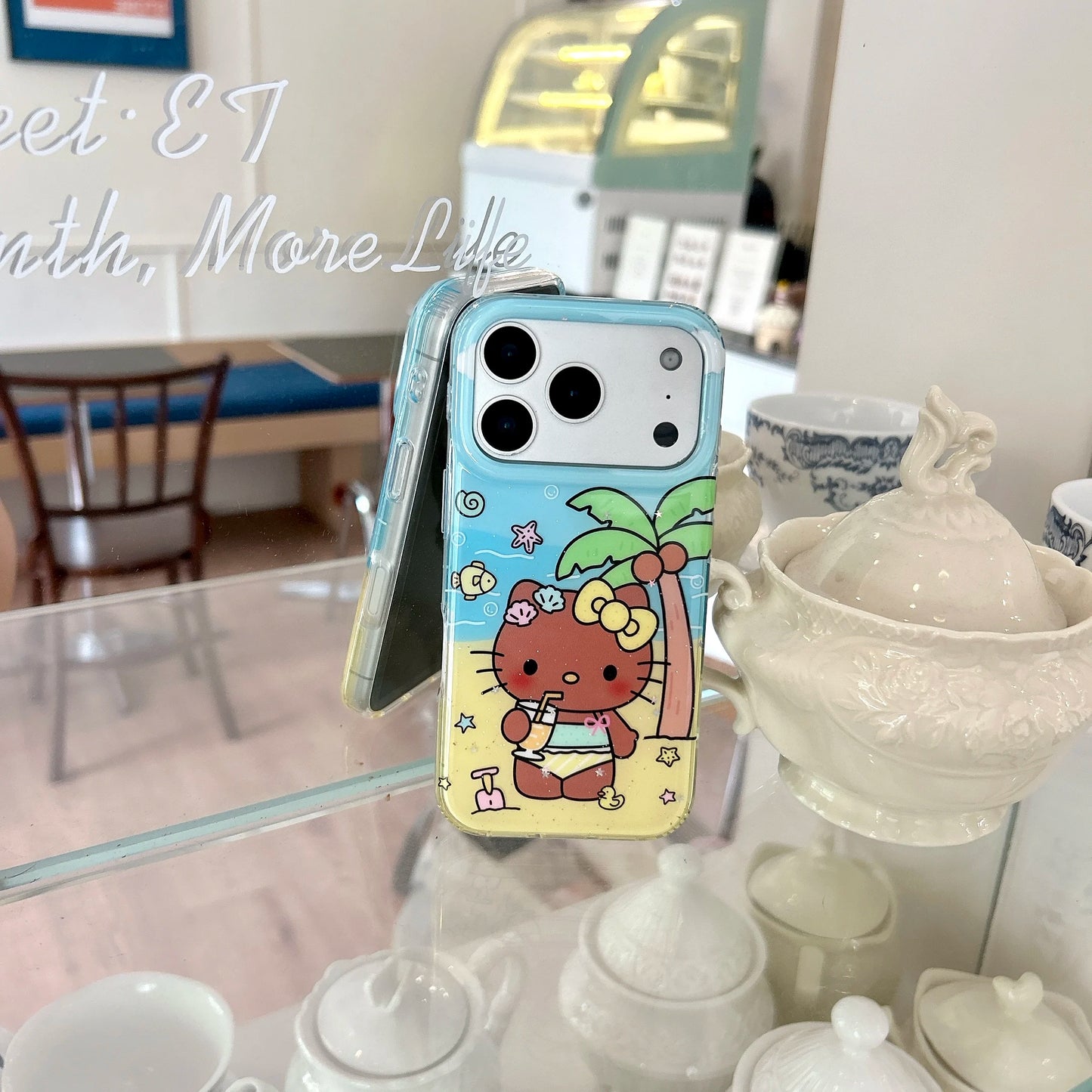 Summer Beach Black Skin HelloKitty Glitter Clear Phone Case Coconut Tree Shockproof Protective Cover For iPhone