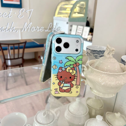 Summer Beach Black Skin HelloKitty Glitter Clear Phone Case Coconut Tree Shockproof Protective Cover For iPhone