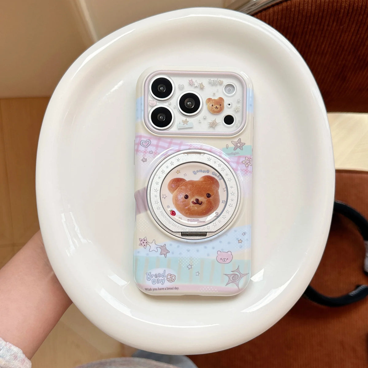 Korean Splicing Fold 360° Rotate Cartoon Bear Bread Magnetic Holder Phone Case For iPhone