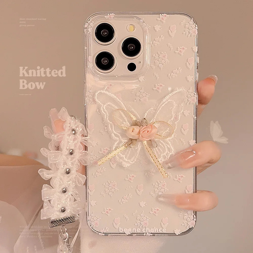 Korean 3D Butterfly Flower Lace Pendant Phone Case For iPhone