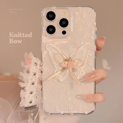 Korean 3D Butterfly Flower Lace Pendant Phone Case For iPhone