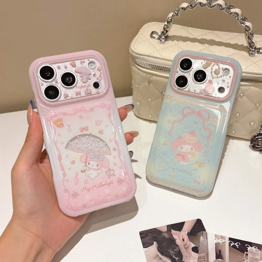 Double Glitter Gradient My Melody Phone Case Large Sparkle Window Lens Cute Cartoon Shockproof Cover For iPhone