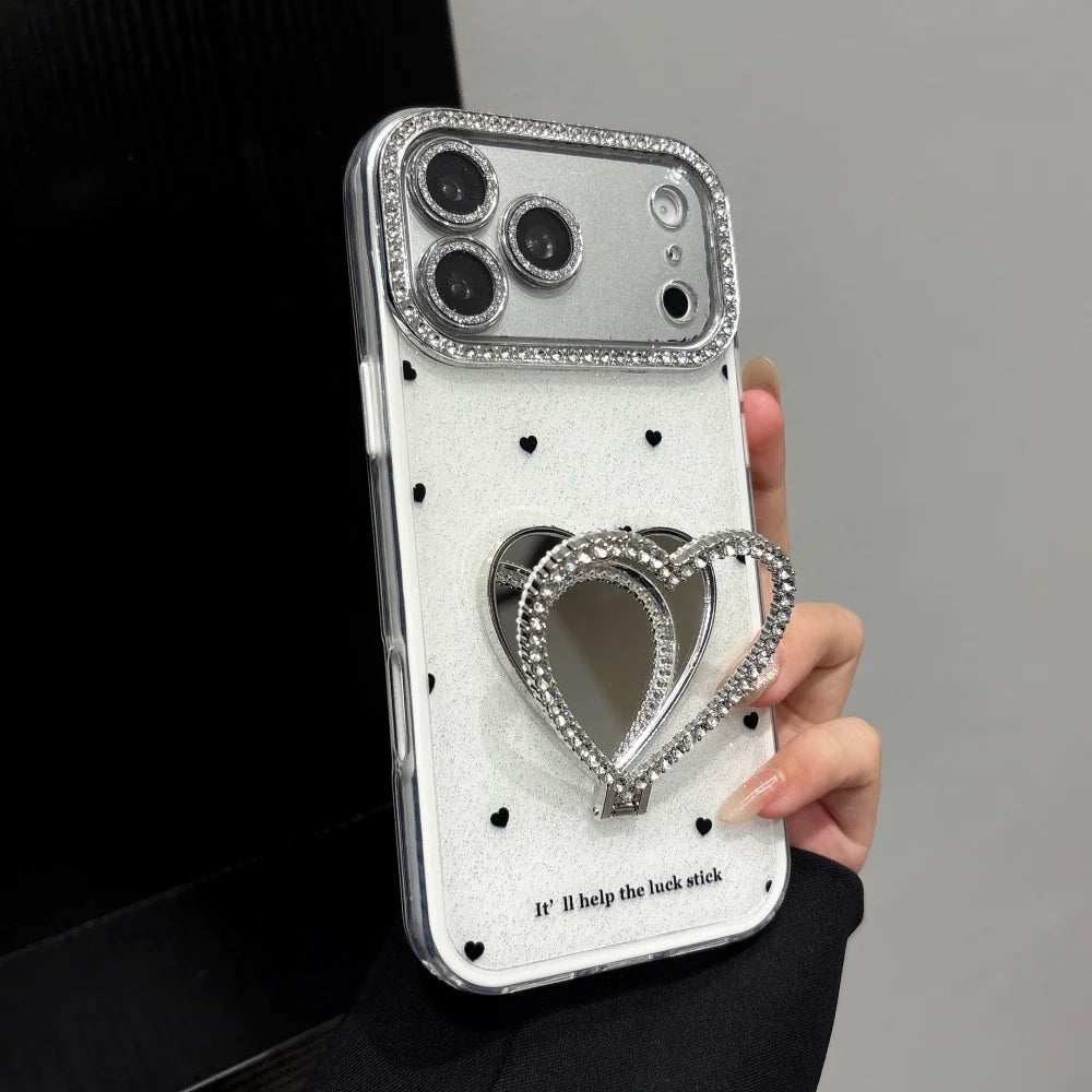 Glitter Diamond Love Heart Mirror Bracket Case For iPhone