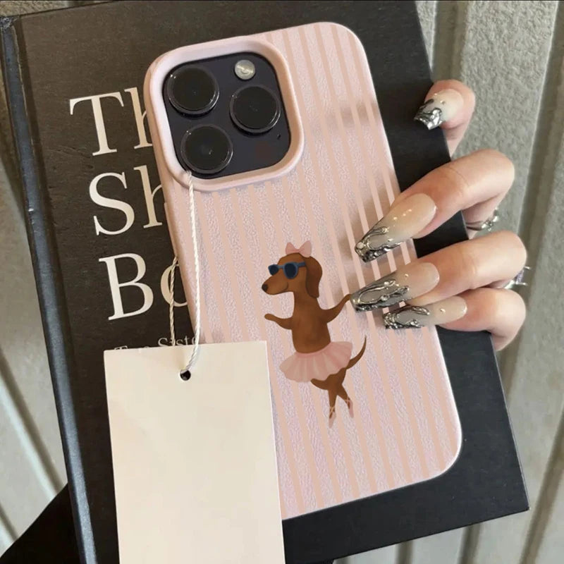 Striped Ballet Sausage Dog Pattern Lychee Texture Phone Case For iPhone