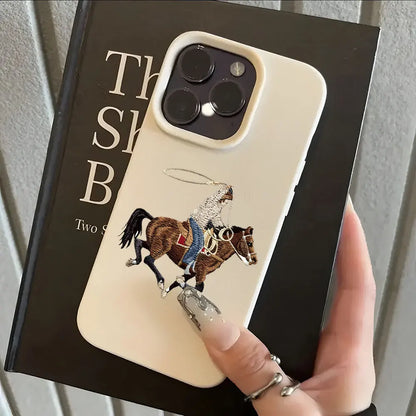 Retro Cowboy Riding Horse Pattran Lychee Soft Phone Case For iPhone