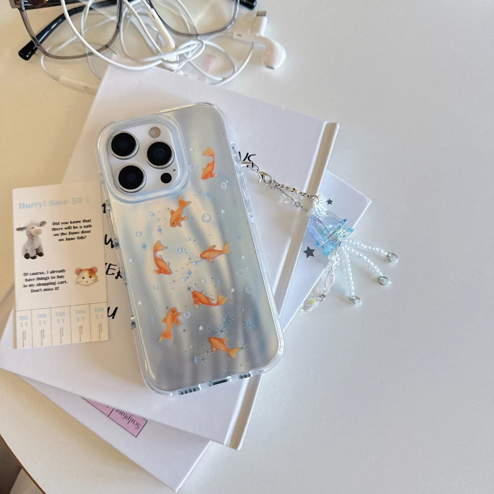 Creative INS Gradient Blue Goldfish & Star Patterns with Beaded Charm Phone Case