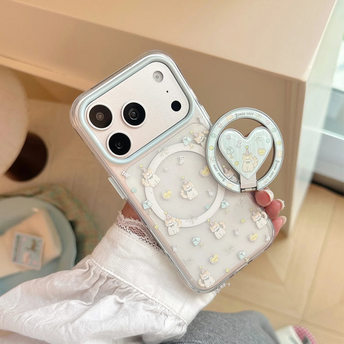 Korean Cartoon Kitten Fold 360° Rotate Magnetic Bracket Phone Case For iPhone