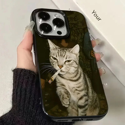 Stylish Cat Smoking Pattern Black Phone Case For iPhone