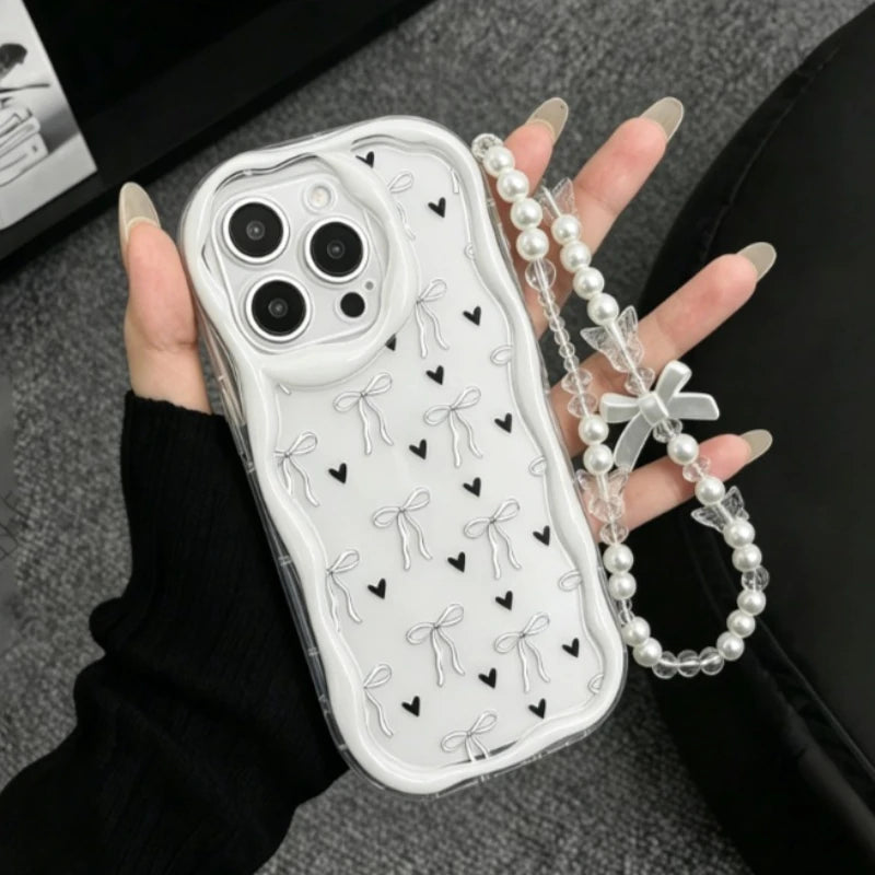 Cute Bow Heart Pattern Wave-Shaped Phone Case For iPhone