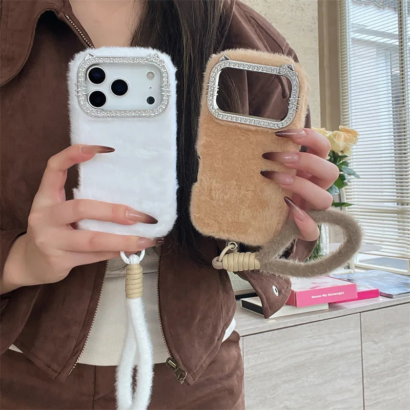 Luxury Solid Colors Diamond Fluffy Fur Plush Phone Case For iPhone