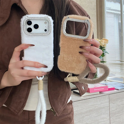 Luxury Solid Colors Diamond Fluffy Fur Plush Phone Case For iPhone
