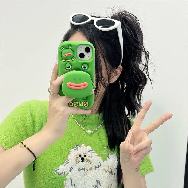 Cute Cartoon Thick Lips Frog Silicone Telescopic Bracket Phone Case For iPhone