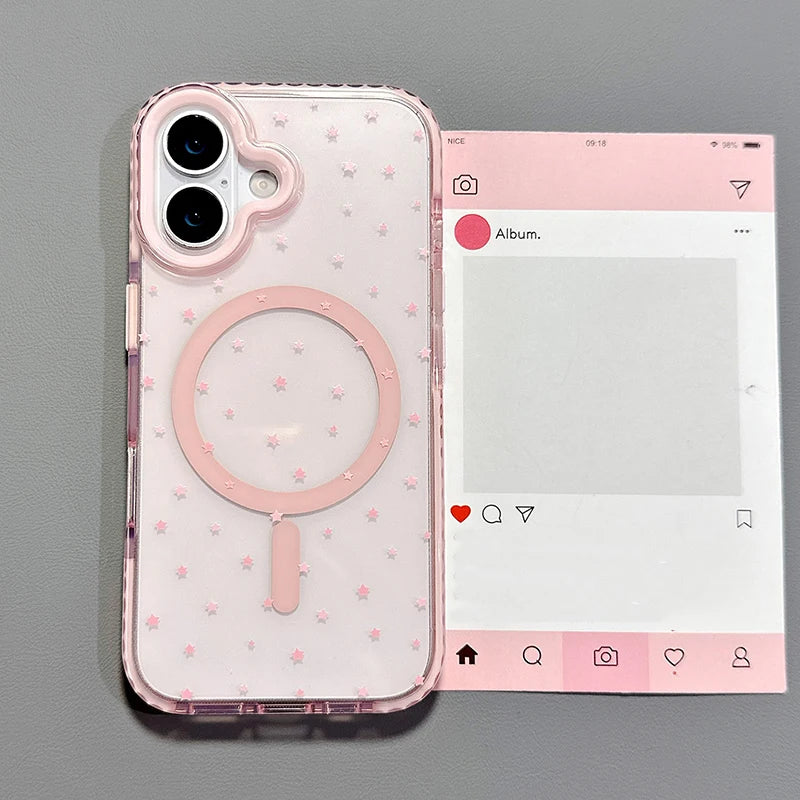 Pink Stars Magnetic Wireless Charge Clear Phone Case