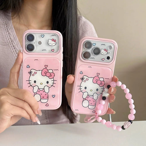 Pink Leather Hello Kitty Phone Case With Bead Wrist Lanyard Shockproof Cute Cartoon Protective Cover For iPhone