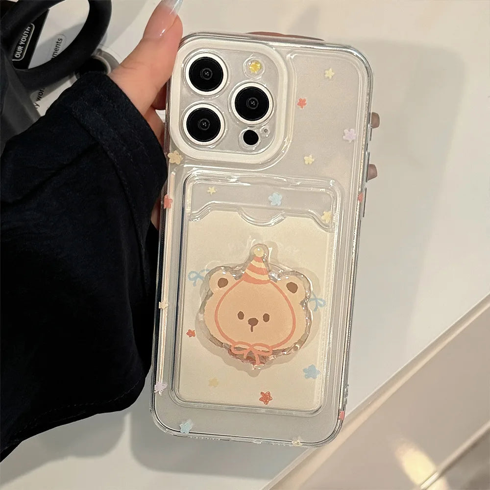 Lovely Cartoon Bear Card Package Phone Case With Stand Holder For iPhone