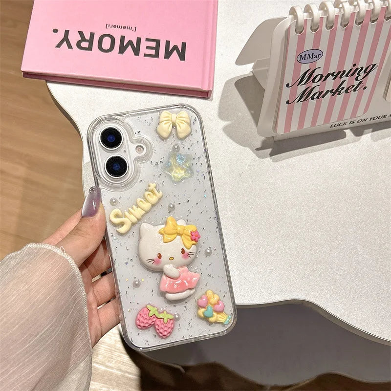 3D Cartoon Strawberry Hello Kitty Drop Glue Glitter Phone Case For iPhone