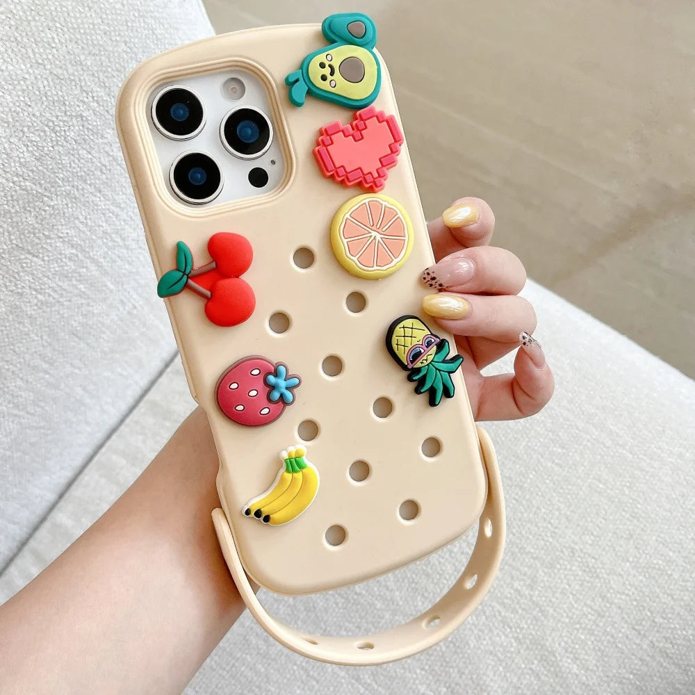 Cute DIY Hole Phone Case With Wrist Strap Detachable Cartoon Soft Silicone Phone