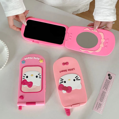 3D Cute Sanrio Hello Kitty Hide Makeup Mirror Flip Cover Phone Case For iPhone