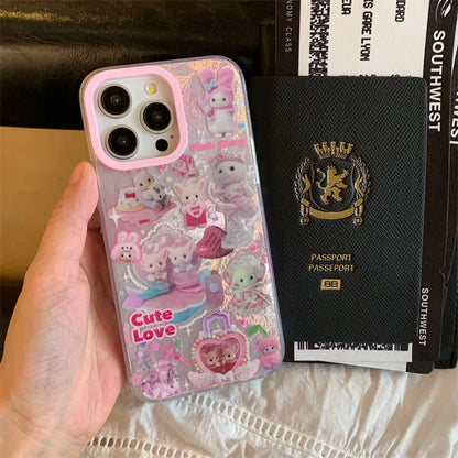 Luxury Laser Rainbow Cute Pink Heart Love Cat Cartoon Phone Case