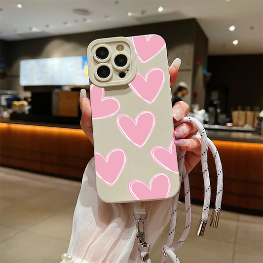 Full Screen Love Heart Lanyard Strap Phone Case For iPhone