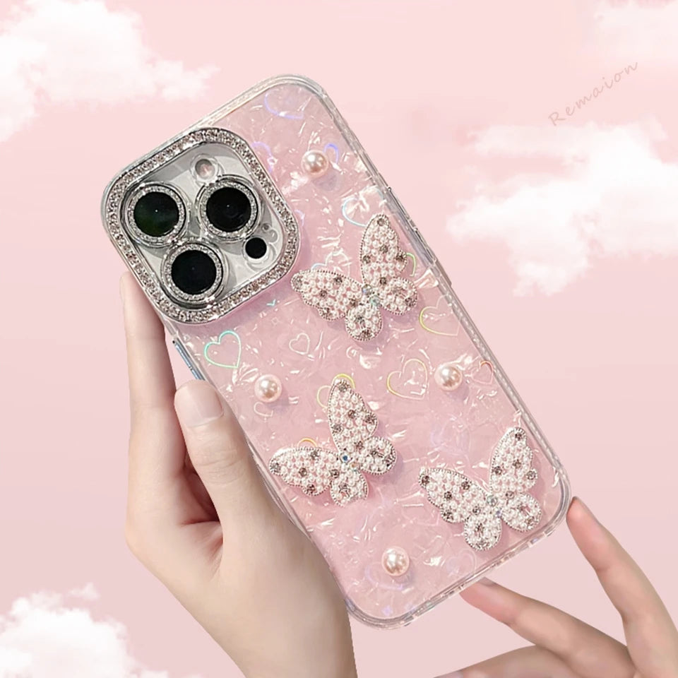 Bling Glitter Heart Pearl Phone Case For iPhone
