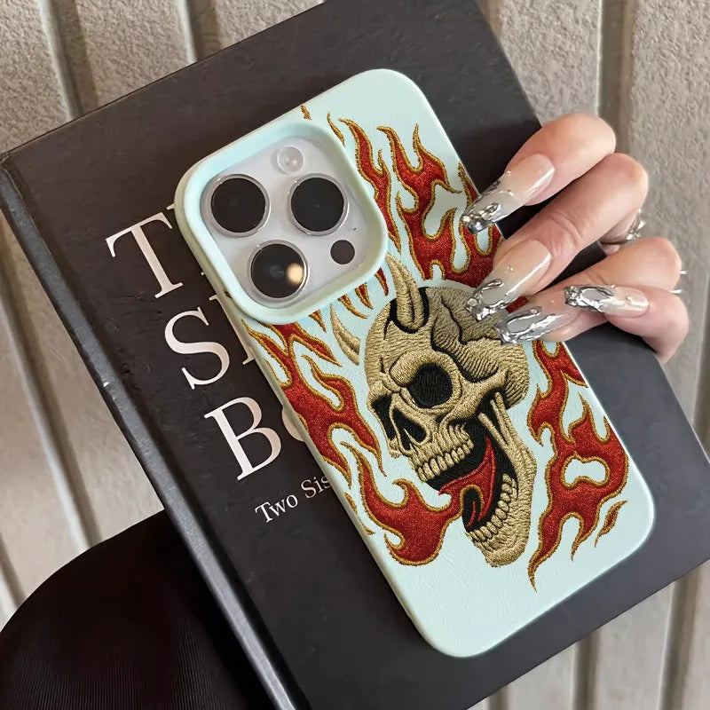 Flame Skull Embroidery Pattern Lychee Texture Phone Case For iPhone