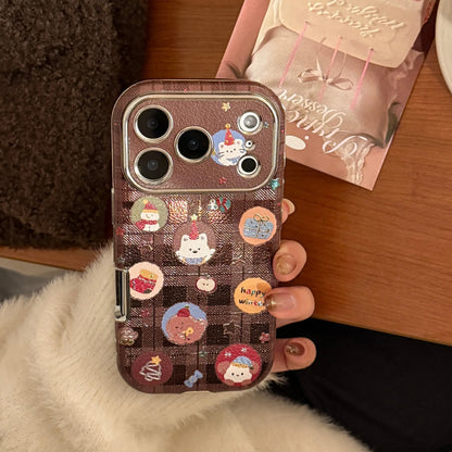 Korean Christmas Cartoon Puppy Bracket Leather Texture Phone Case For iPhone