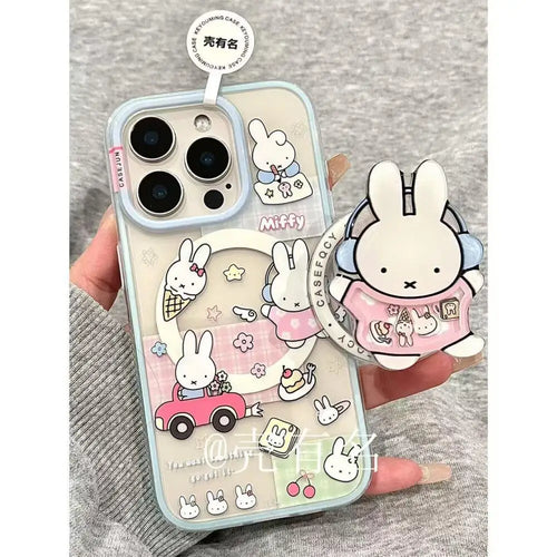 Cartoon Driving Miffy Phone Case Kawaii Listening Music Miffy Rabbit Magnetic Bracket Phone Case Suitable For iPhone