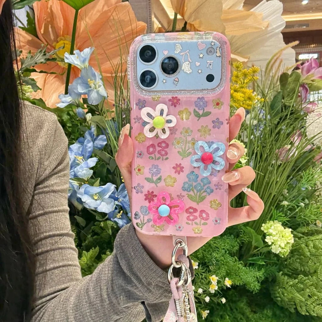 Dopamine Cute 3D Flower Floral Glitter With Lanyard Shockproof Protective Phone Cover Case For iPhone