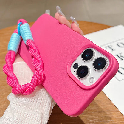 Luxury Litchi Leather Matte Soft Lanyard Rope Phone Case For iPhone