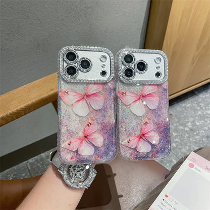 Luxury Diamond Sequins Pink Butterfly Phone Case For iPhone