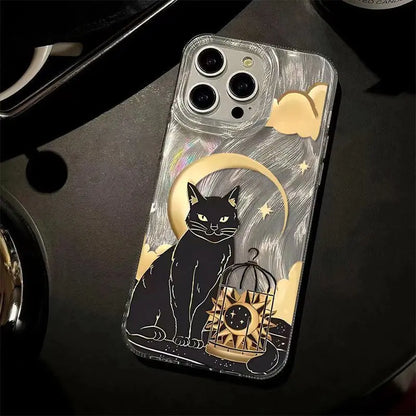 Black Cat Moon Star Birdcage Aesthetic Reflective Case For iPhone