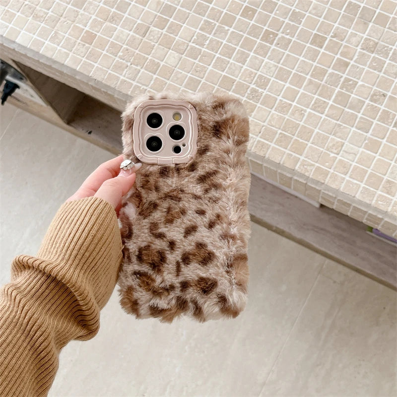 Ins New Fluffy Plush Leopard Print Winter Phone Case For iPhone