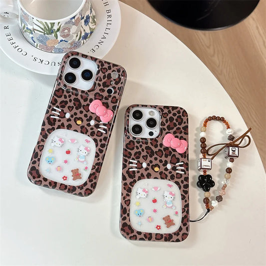 Fashion Leopard Print Cute Hollow Hellokitty Phone Case For iPhone